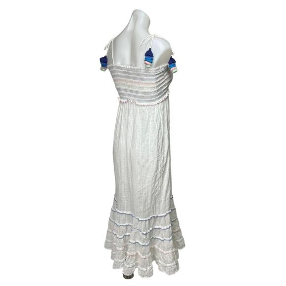 Playa Lucila White Smocked Tassel Spaghetti Strap Tiered Ruffle Maxi Dress Sz XS - Picture 4 of 12